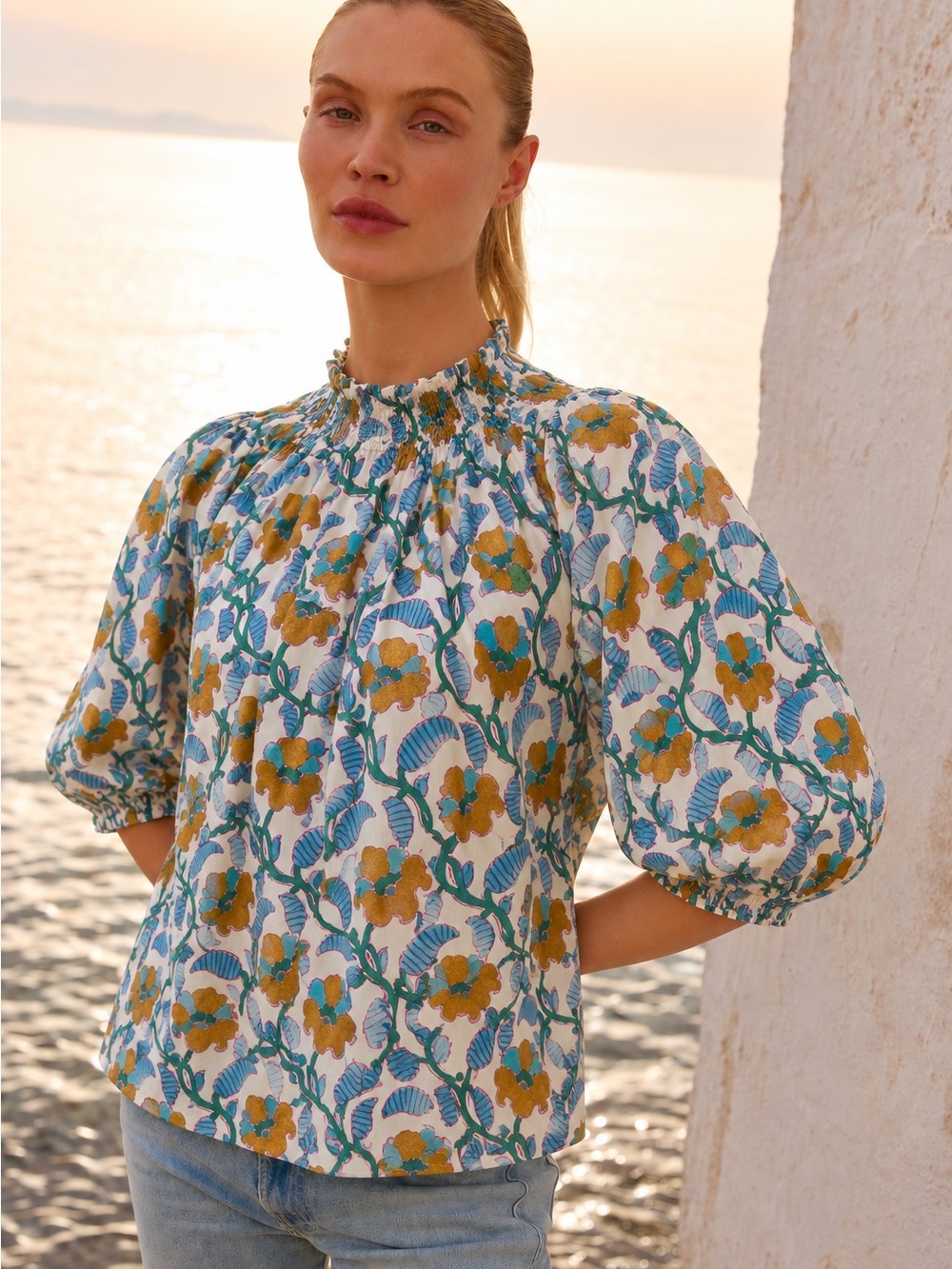 Oliphant Floral Puff Sleeve Blouse Small Gold Metallic Block Print Small